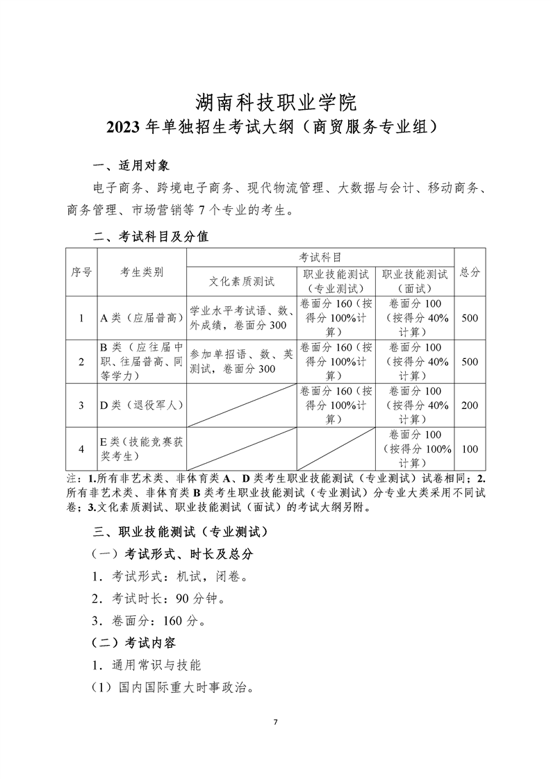 湖南科技职业学院2023年单独招生考试大纲