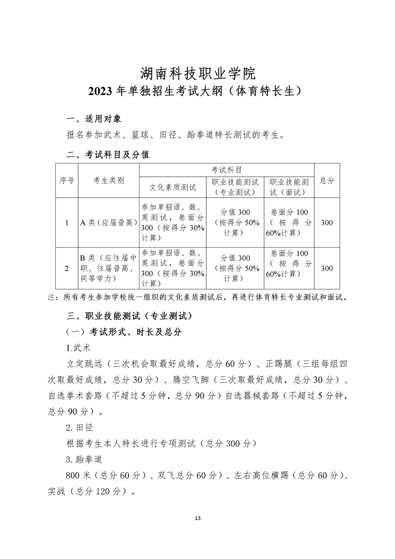 湖南科技职业学院2023年单独招生考试大纲