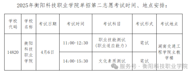 衡阳科技职业学院2025年单招二志愿考试通知