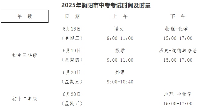 2025年衡阳市中考考试时间