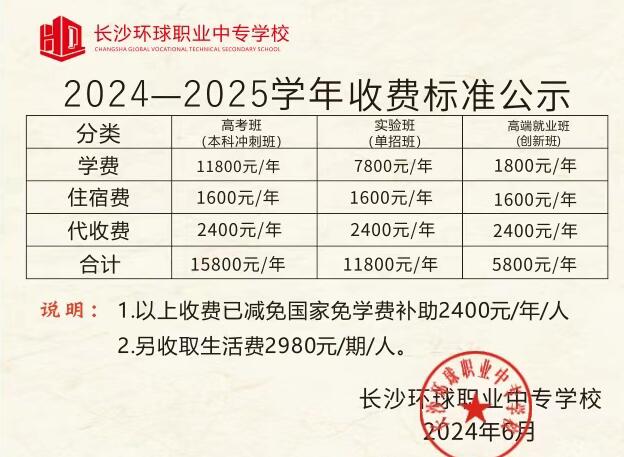 长沙环球职业中专学校2024-2025学年收费标准公示