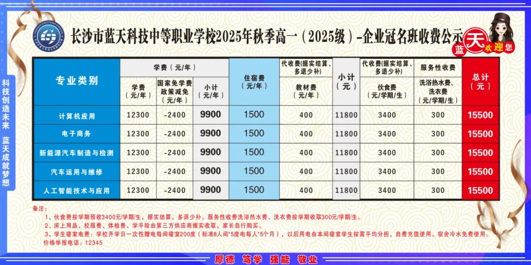长沙蓝天科技中等职业学校2025收费标准公示